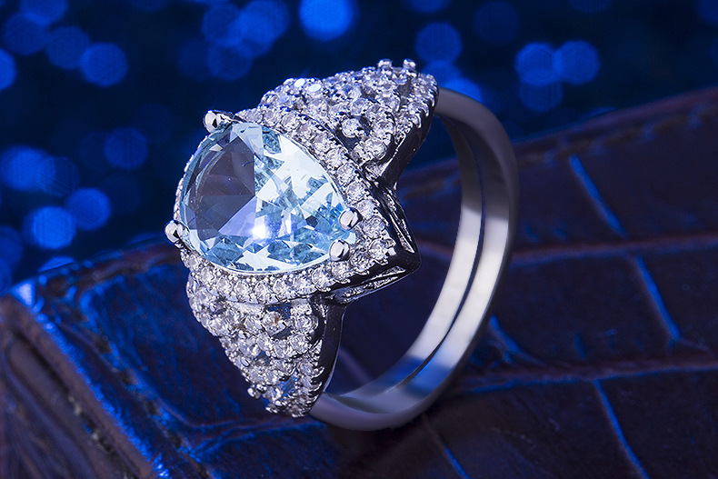 妮可wish热卖微镶满钻海蓝色水滴戒指 欧美跨境电商饰品批发代发