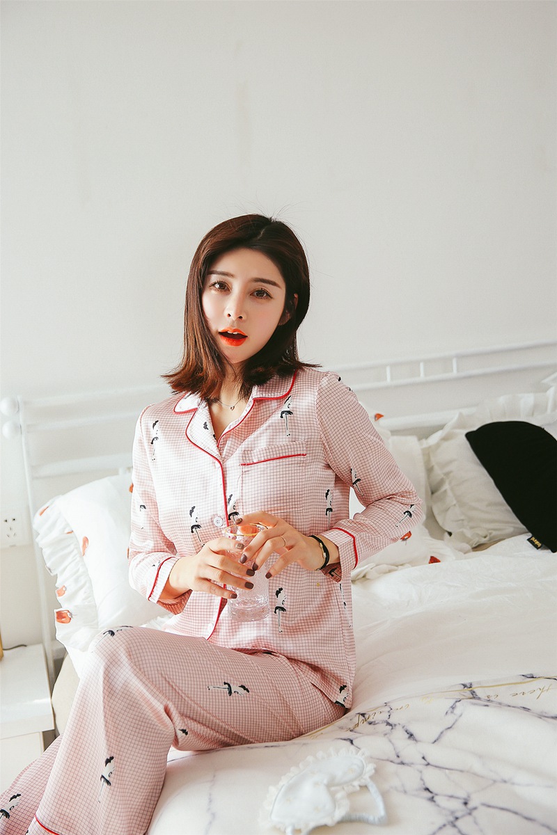 新爆款高品质仿真丝睡衣女士长袖丝绸外贸芭蕾舞格子明星陈乔恩