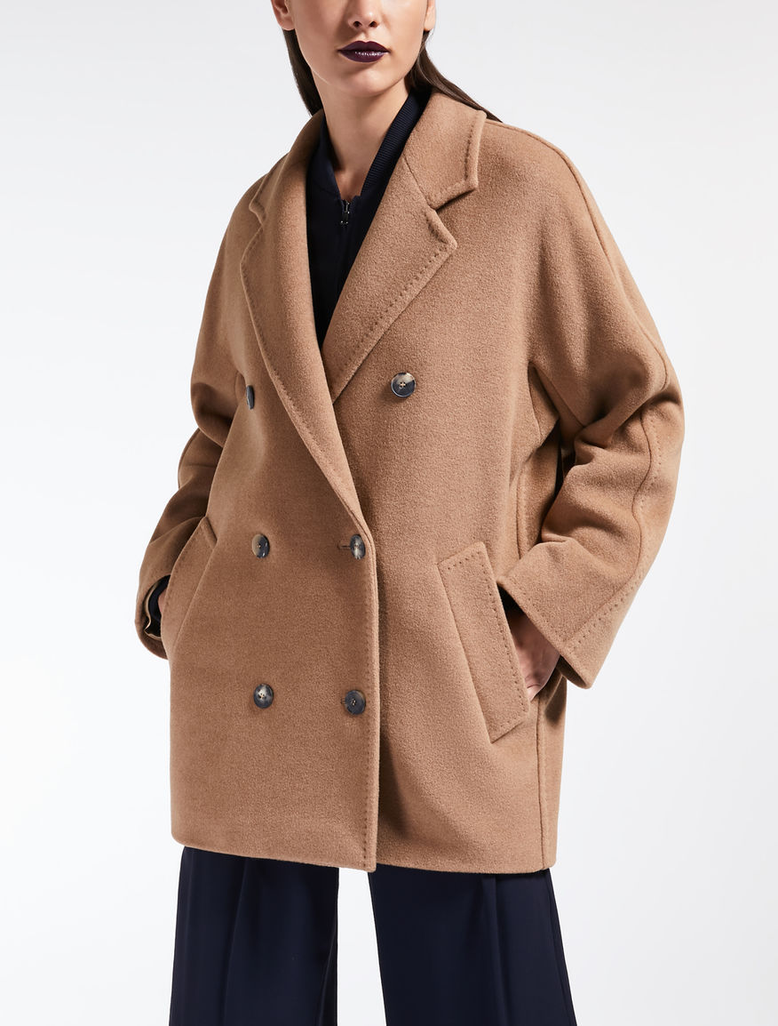 m家 短款101801驼色双排扣经典羊毛大衣 秋冬毛呢外套