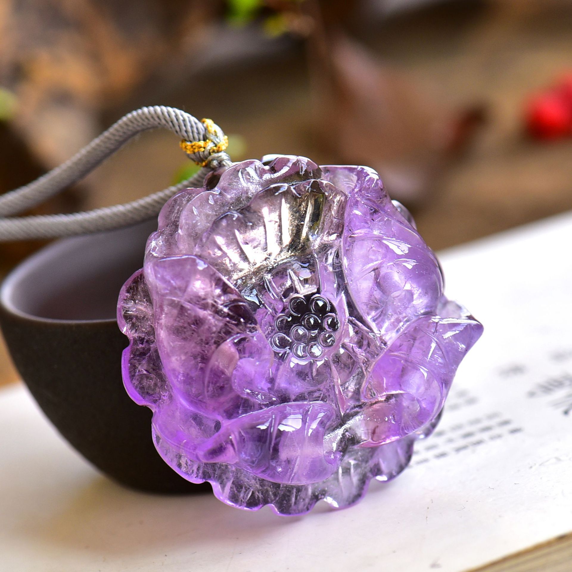 厂家直销天然紫水晶牡丹花吊坠毛衣链花开富贵项坠气质水晶饰品女