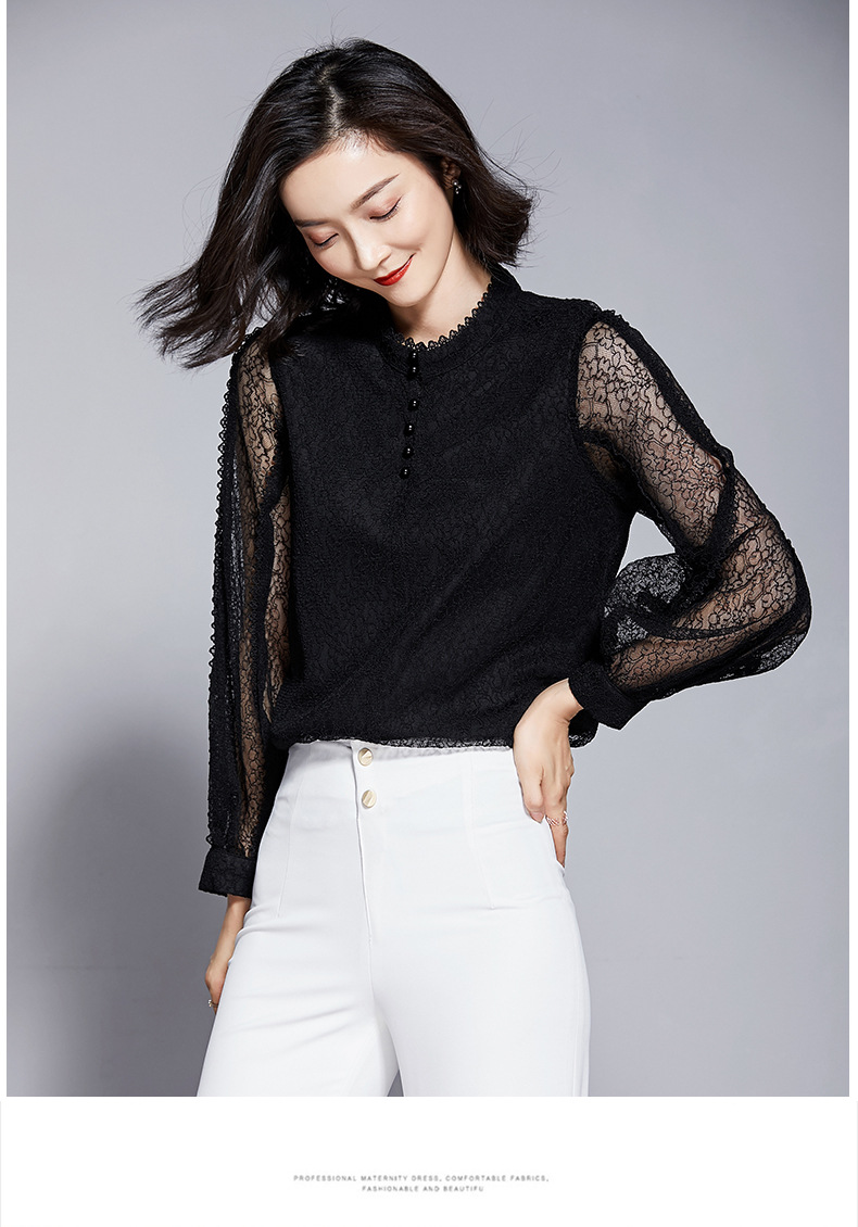 2019春装新款长袖蕾丝衫洋气镂空衬衫灯笼袖上衣气质小衫女打底衫