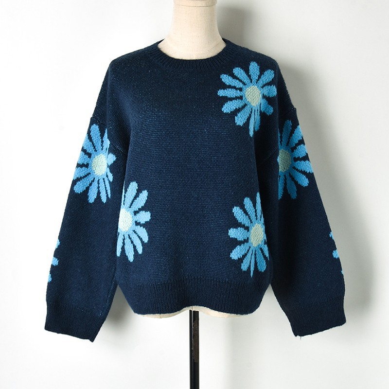 新厚款马海毛太阳花大花朵宽松慵懒针织毛衣套头女-l81048