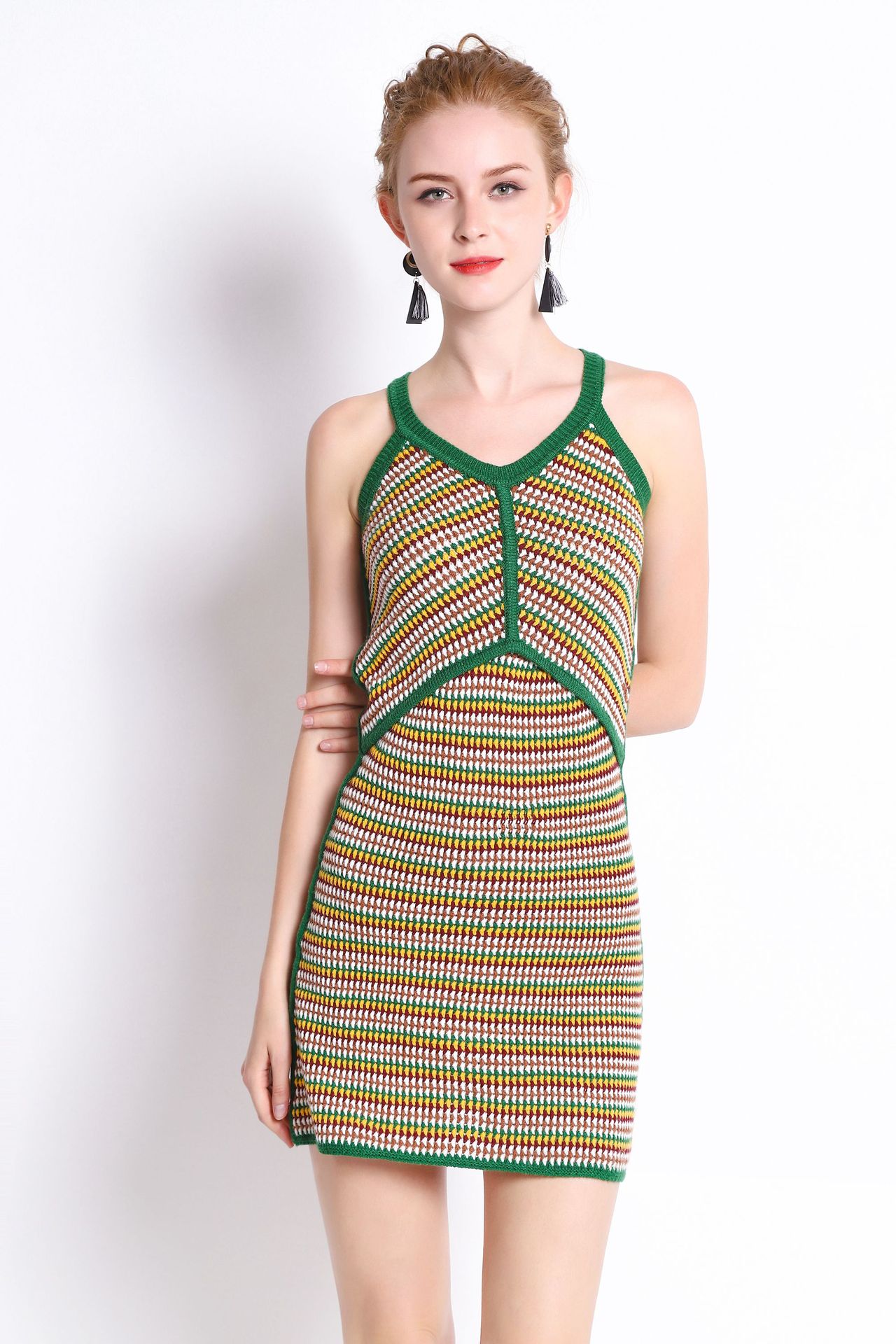 2018夏季新款修身显瘦针织中长裙女时尚吊带多色钩针连衣裙女装