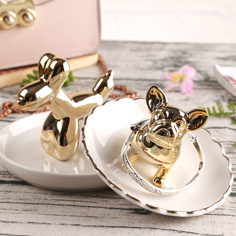 European and American Golden Balloon Dog Jewelry Display Stand Bulldog Jewelry Storage Jewelry Plate Ring Tray Creative Gift