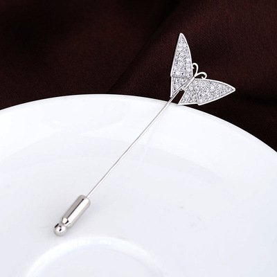韩版水晶锆石长款蝴蝶一字针胸针 西服领针时尚昆虫插针配饰