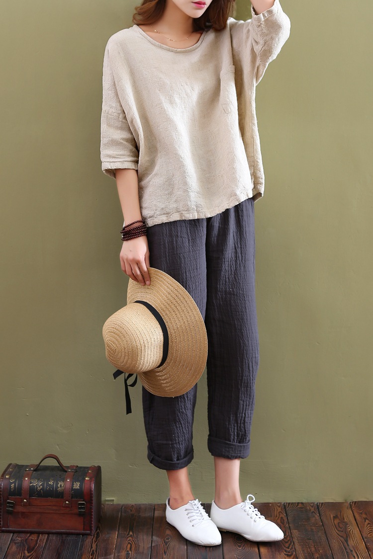 2018爆春新款原创棉麻女装文艺宽松大码女式衬衫亚麻上衣打底t恤