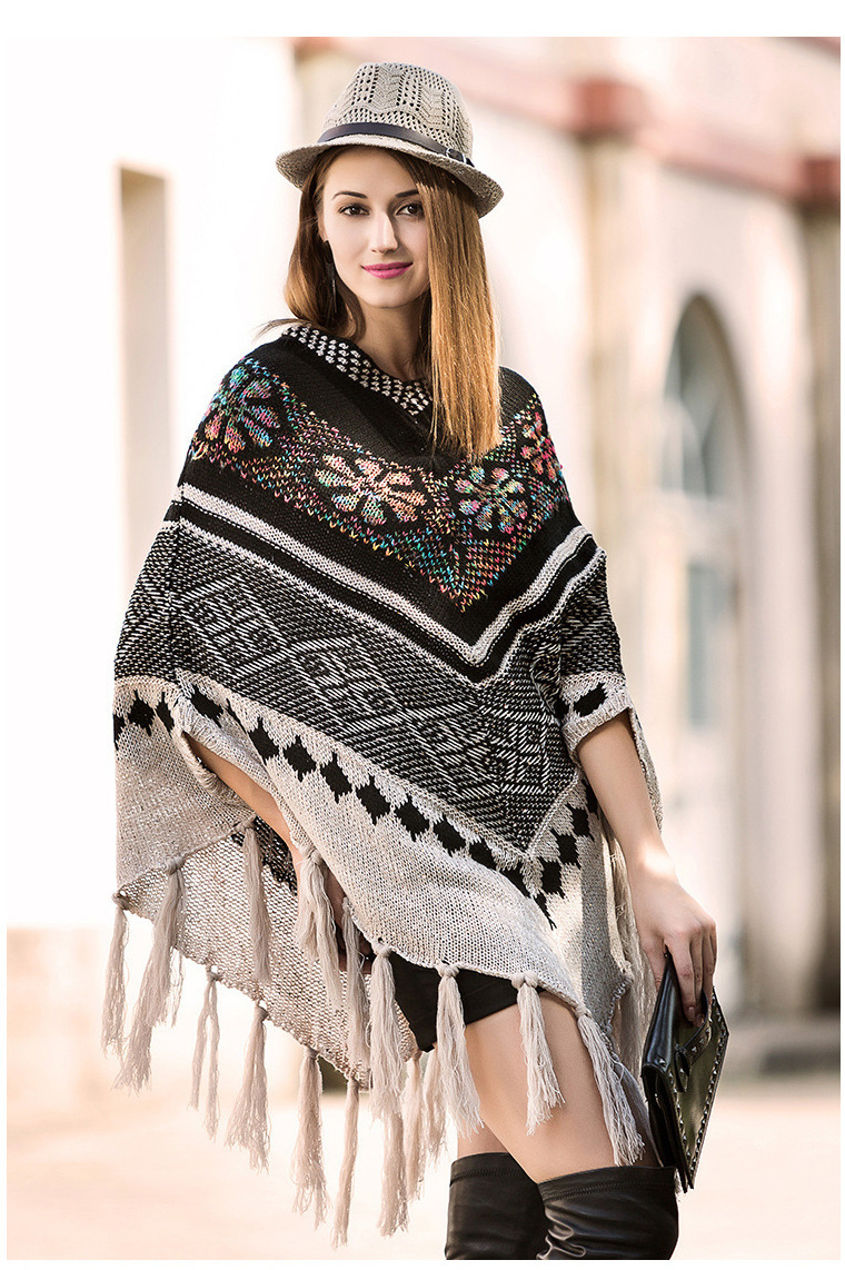 新款秋冬气质中长款毛衣蝙蝠袖亮片流苏v领套头加厚针织衫披肩女