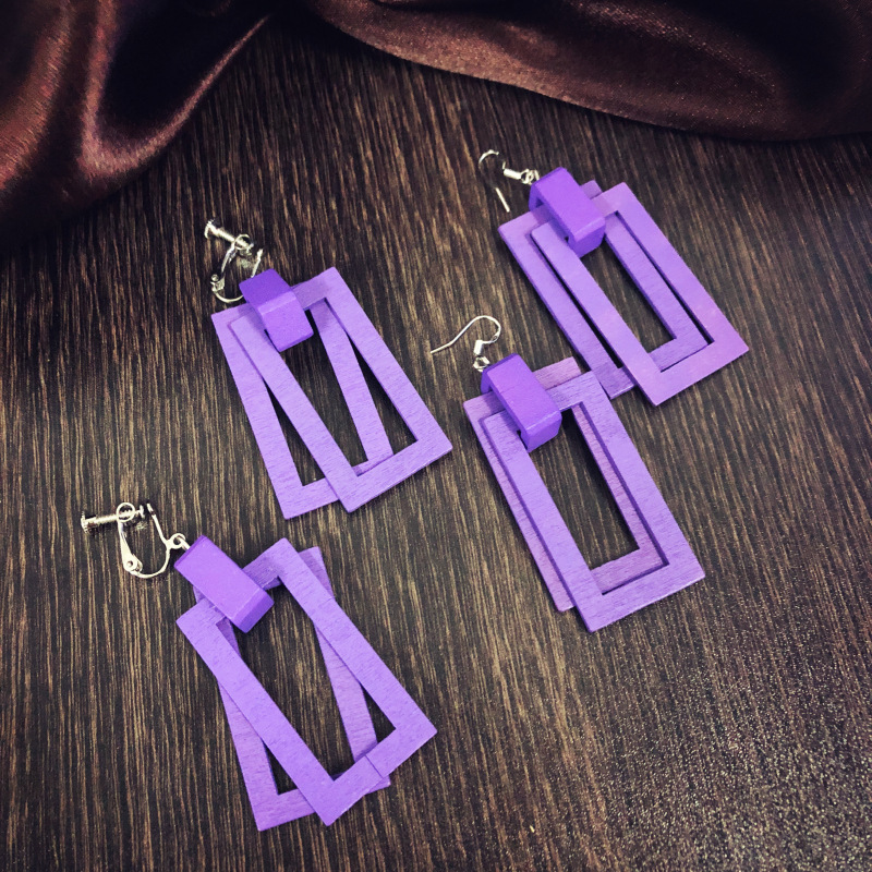 925纯银 紫色耳环女韩国气质长款吊坠个性百搭木头方形无耳洞耳夹