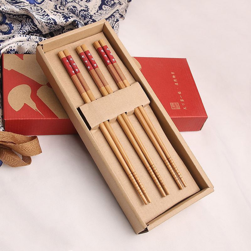 厂家直销天然原木筷子套装传统福字筷礼盒装实木筷子三双礼盒套装