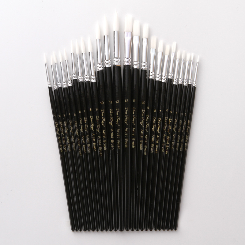 12支装黑色木杆扁头尼龙水粉笔 水彩笔丙烯画笔套装 绘画勾线笔
