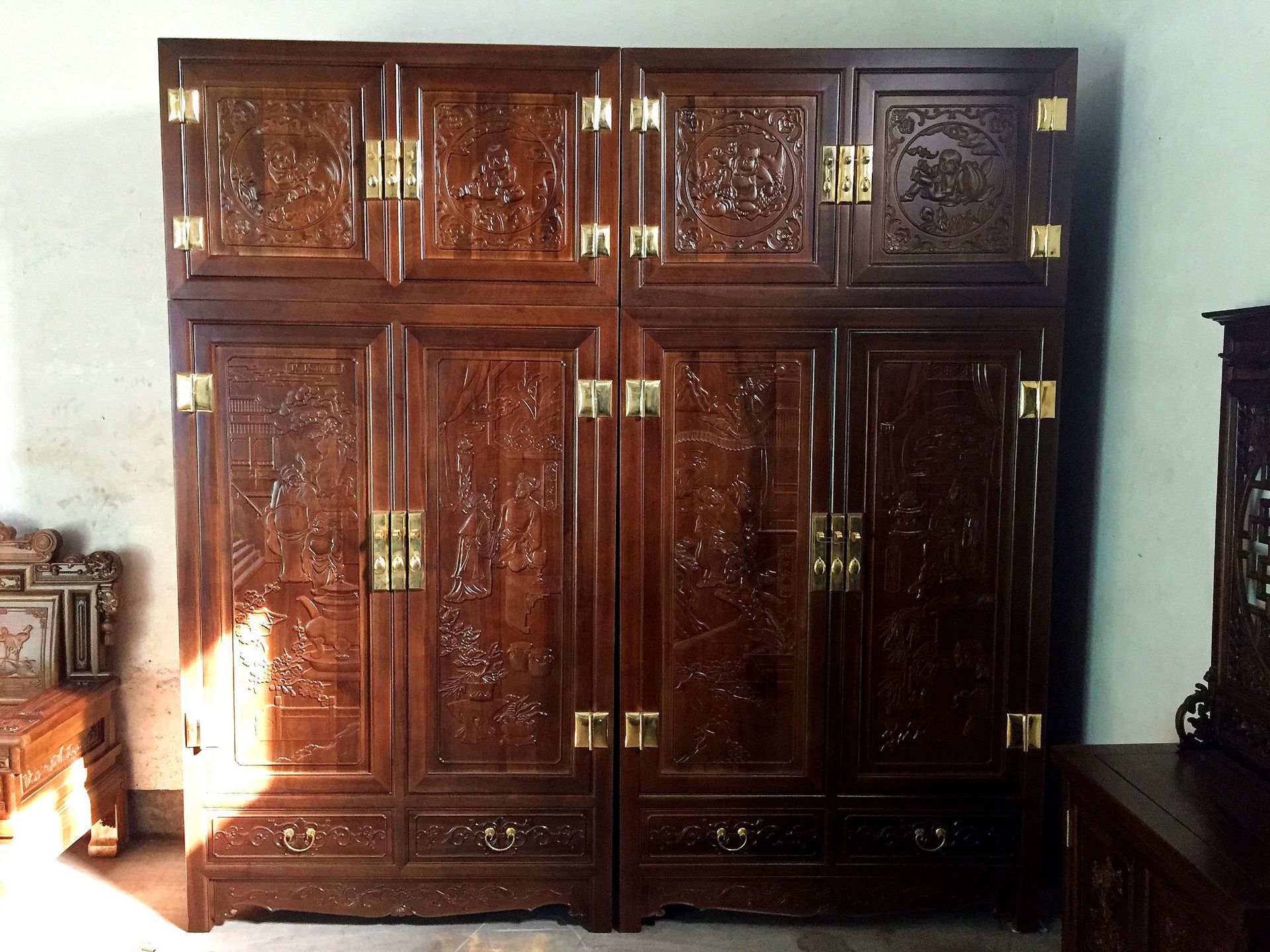 山西平遥晋作纯榫卯结构核桃木实木人物仿古大四件顶箱柜衣柜