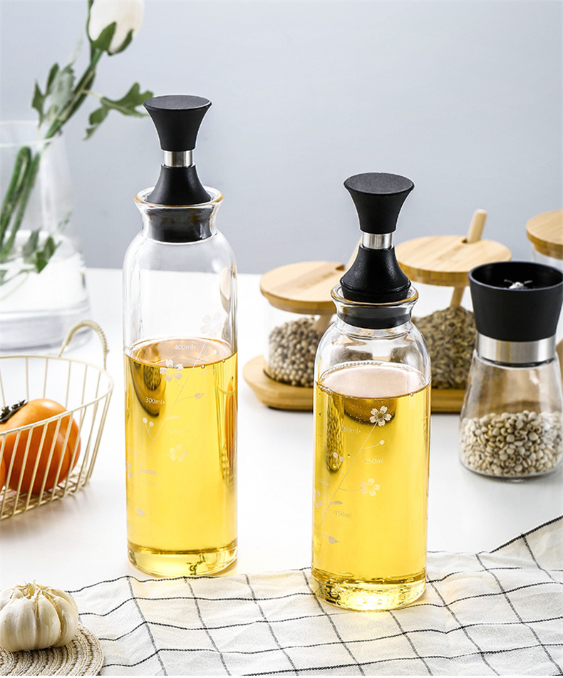 厨房创意樱花刻度油壶高硼硅玻璃控油瓶金属嘴防漏油瓶调料瓶批发