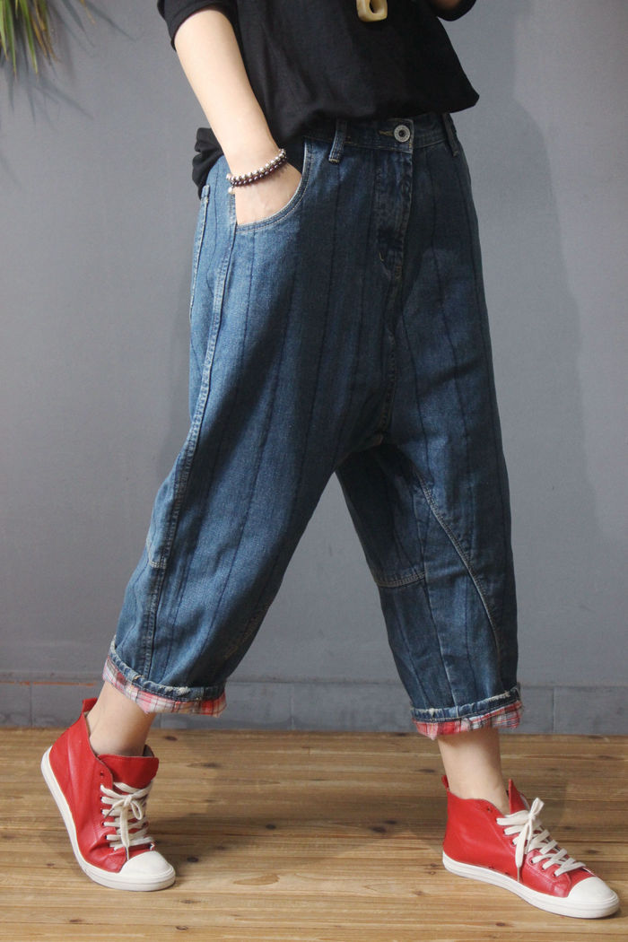 复古文艺范2018冬装新款加内衬掉档裤子9分裤靴裤加厚牛仔裤女