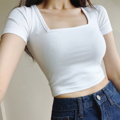 妃洛邑澜 性感方领显肤色短款露脐短袖t恤百搭显胸上衣女 方领