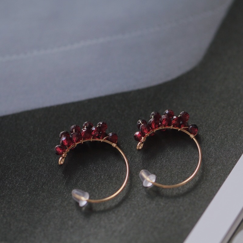 波尔多*印度酒红石榴石球形切面珠包金耳环 气质女神耳圈耳坠