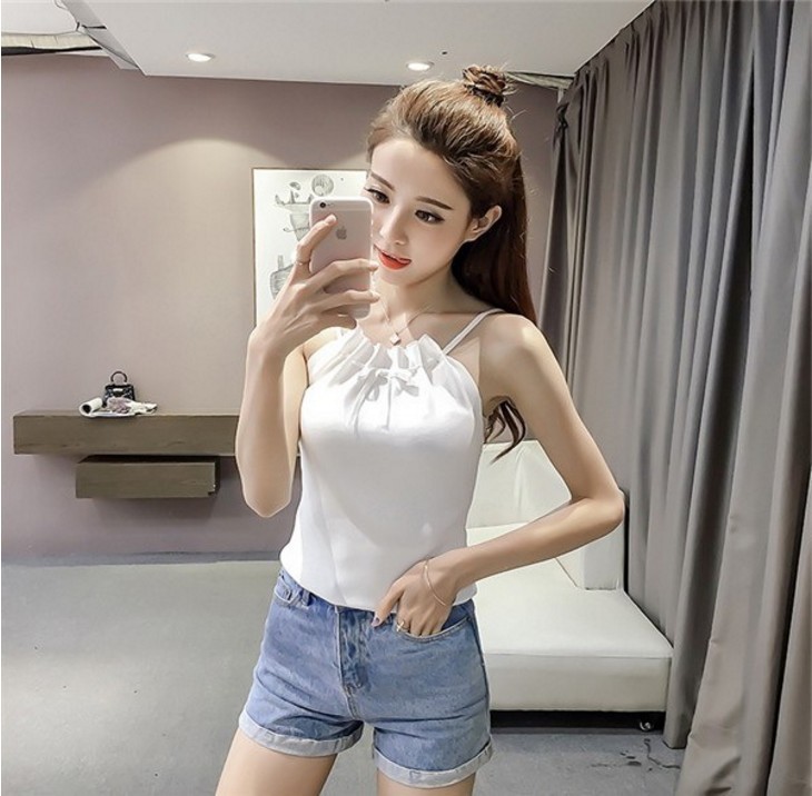 针织吊带女外穿2022夏季新款内搭打底背心褶皱系带露肩韩版上衣潮