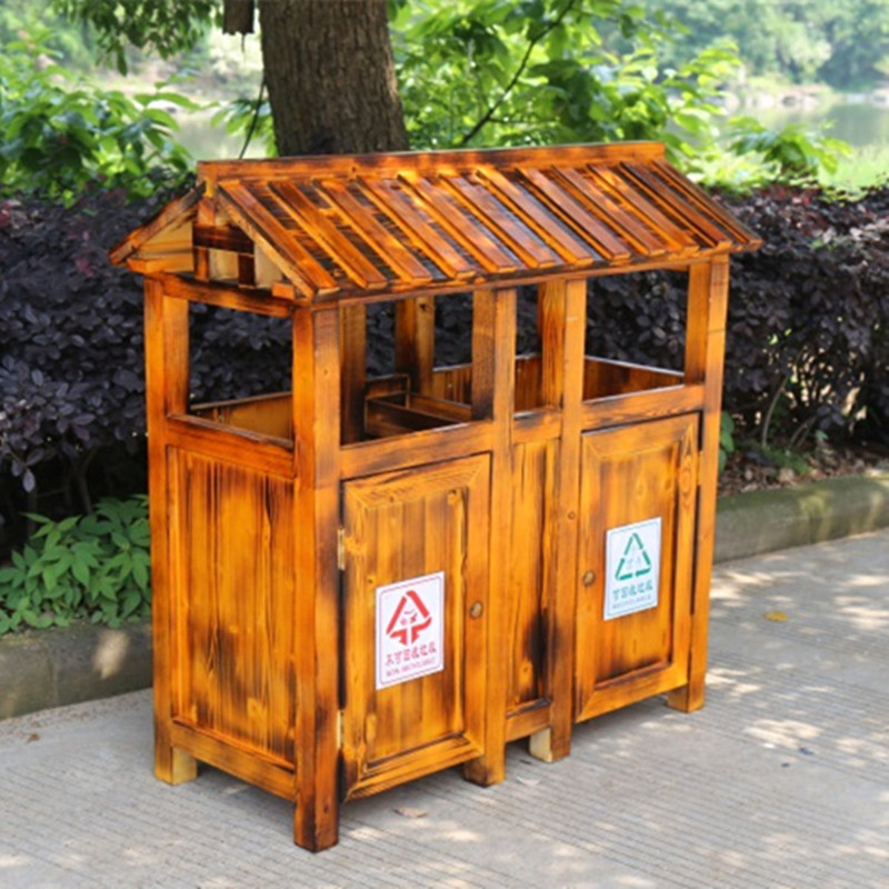 户外垃圾箱防腐木碳化实木复古景区果皮箱大号环卫木质垃圾桶定制