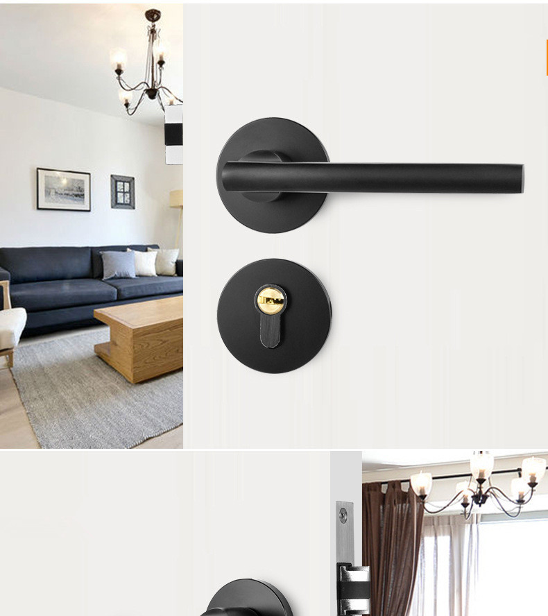 实心太空铝门锁黑色室内简约分体锁实木门执手锁白门绝配加厚