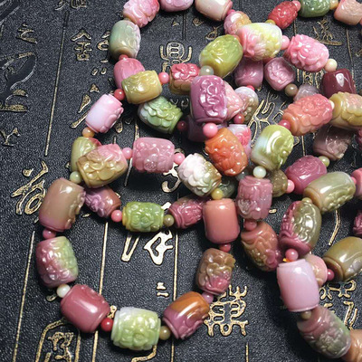 可塘珠宝厂家批发 天然四川盐源玛瑙 牡丹花雕刻桶珠手串