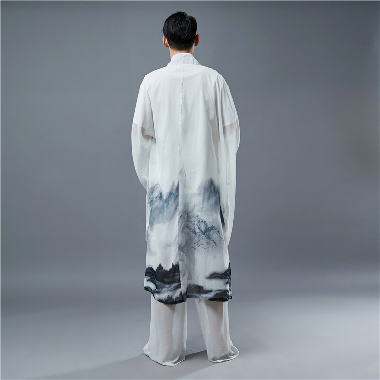 夏中式汉服男道袍古风男装古装男长衫禅服男雪纺印花仙气大袖上衣