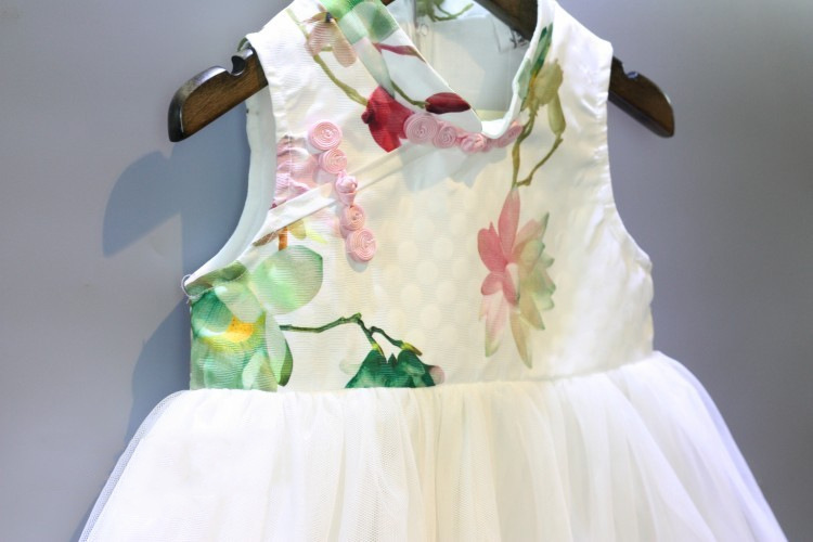 女童连衣裙 2018夏季新款公主裙 民族荷花印花盘扣式儿童连衣裙女