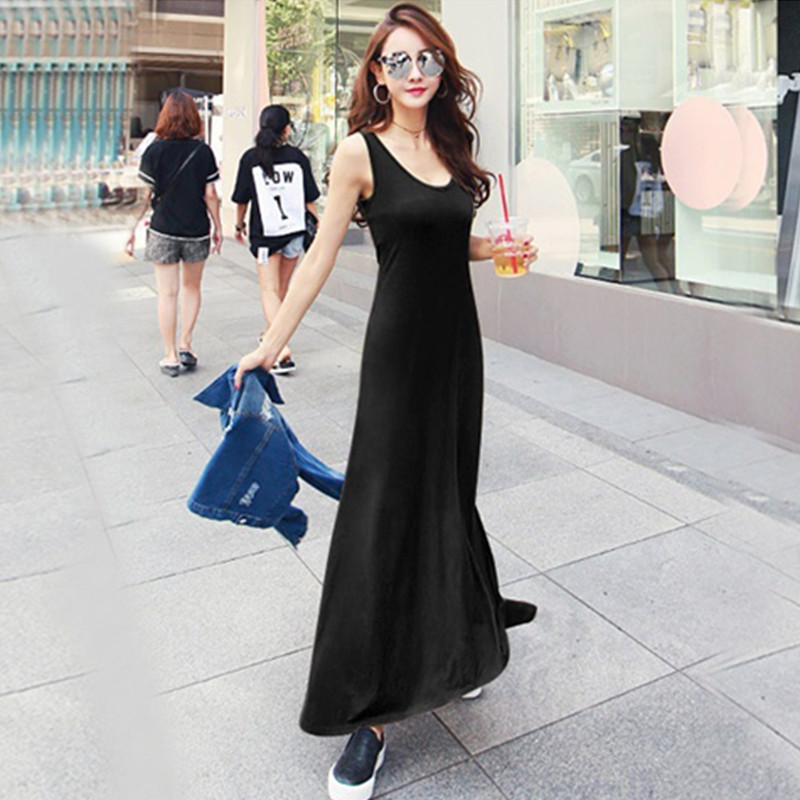 侧开叉长款连衣裙夏季女网红莫代尔背心裙显瘦纯色打底内搭长裙
