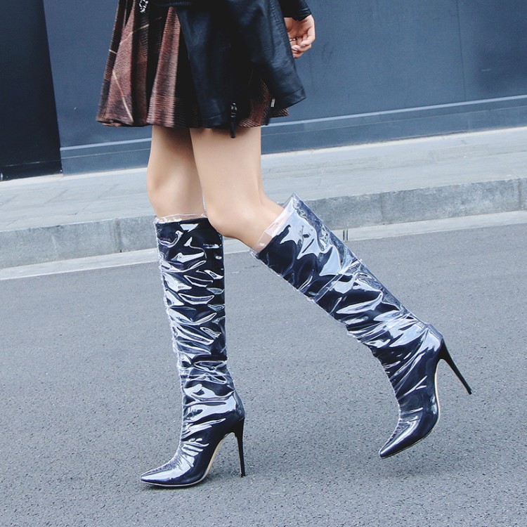 欧美外贸大码女款银色镜面尖头高跟过膝长靴性感细跟高筒靴女