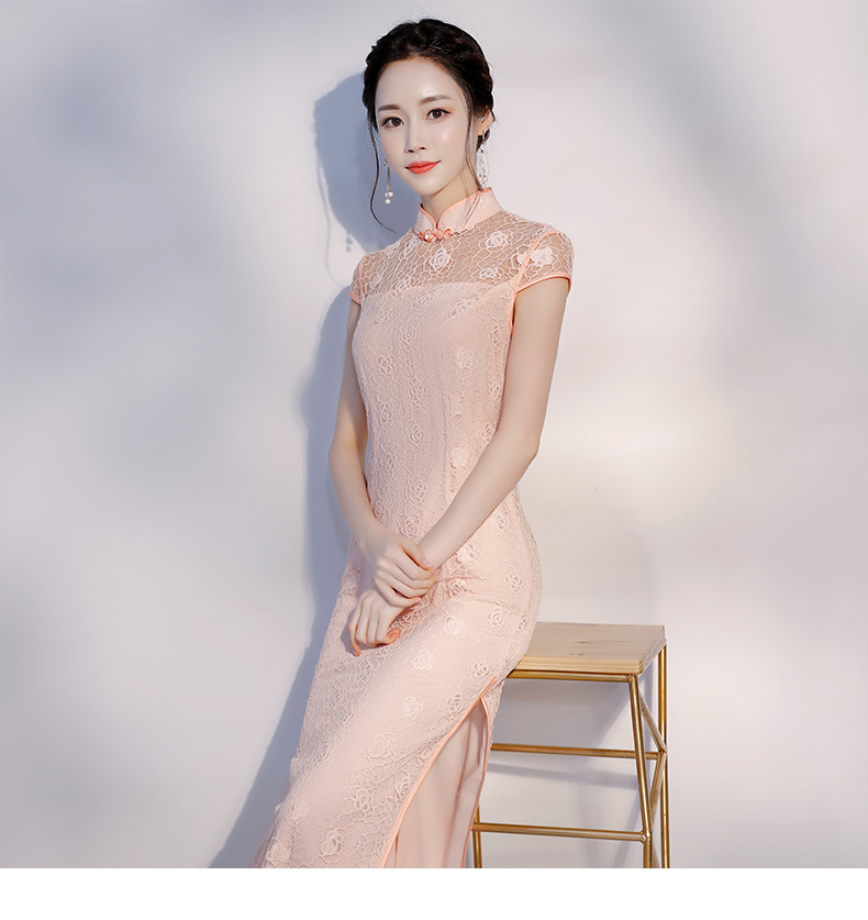 古圣娇夏季时尚少女长款蕾丝旗袍 改良礼仪连衣裙网纱蕾丝旗袍