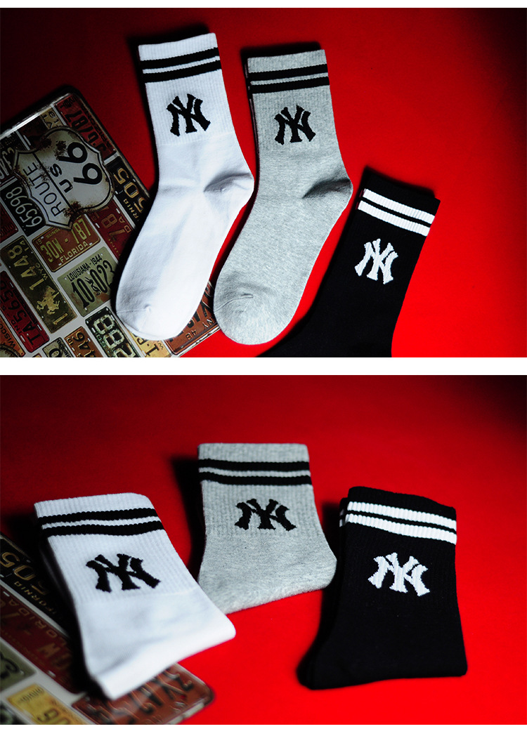 潮牌ny袜子新品男士日系字符长筒棉袜时尚街头嘻哈情侣袜子厂家