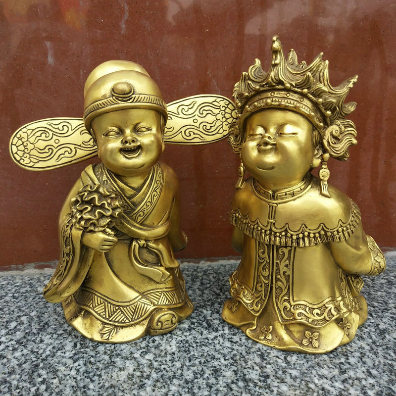 纯铜喜结连理百年好合童男童女铜像结婚婚庆礼品铜器金童玉女摆件