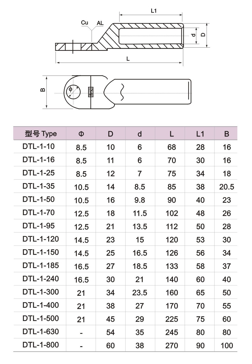 铜铝接线端子 铜铝鼻子dtl-35 铜铝过渡鼻子 电缆终端接头