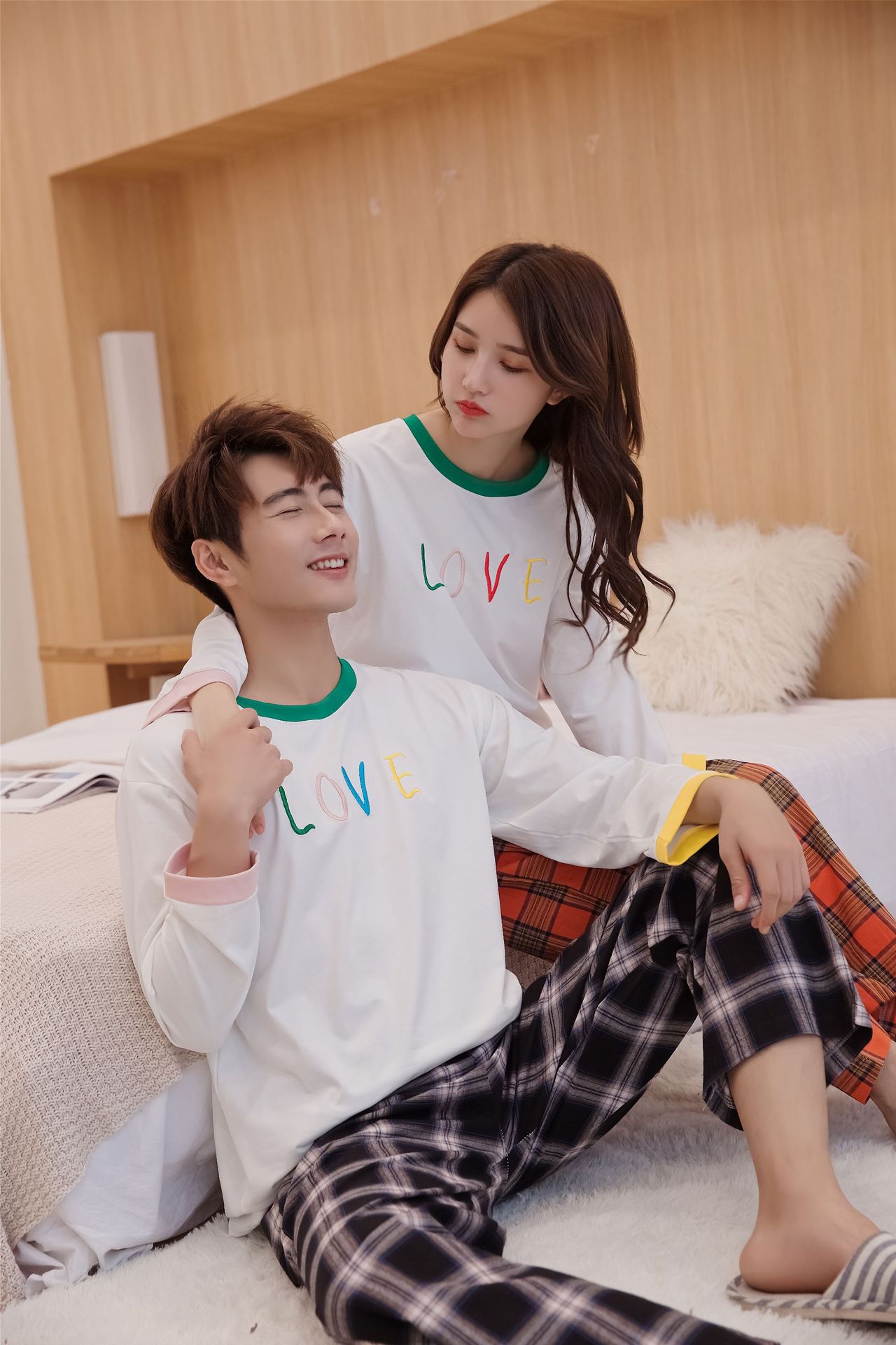 2020春季简约情侣装睡衣纯棉短袖长裤套装韩版学生男款家居服女士