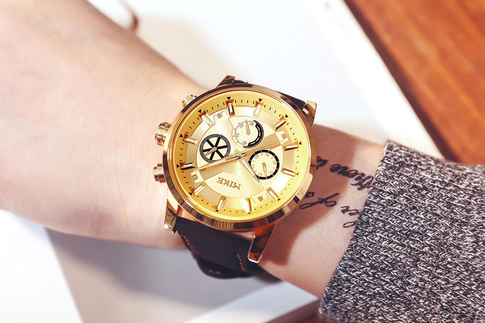 mk mike米可皮带男表休闲运动手表假三眼六针防水时尚手表石英表