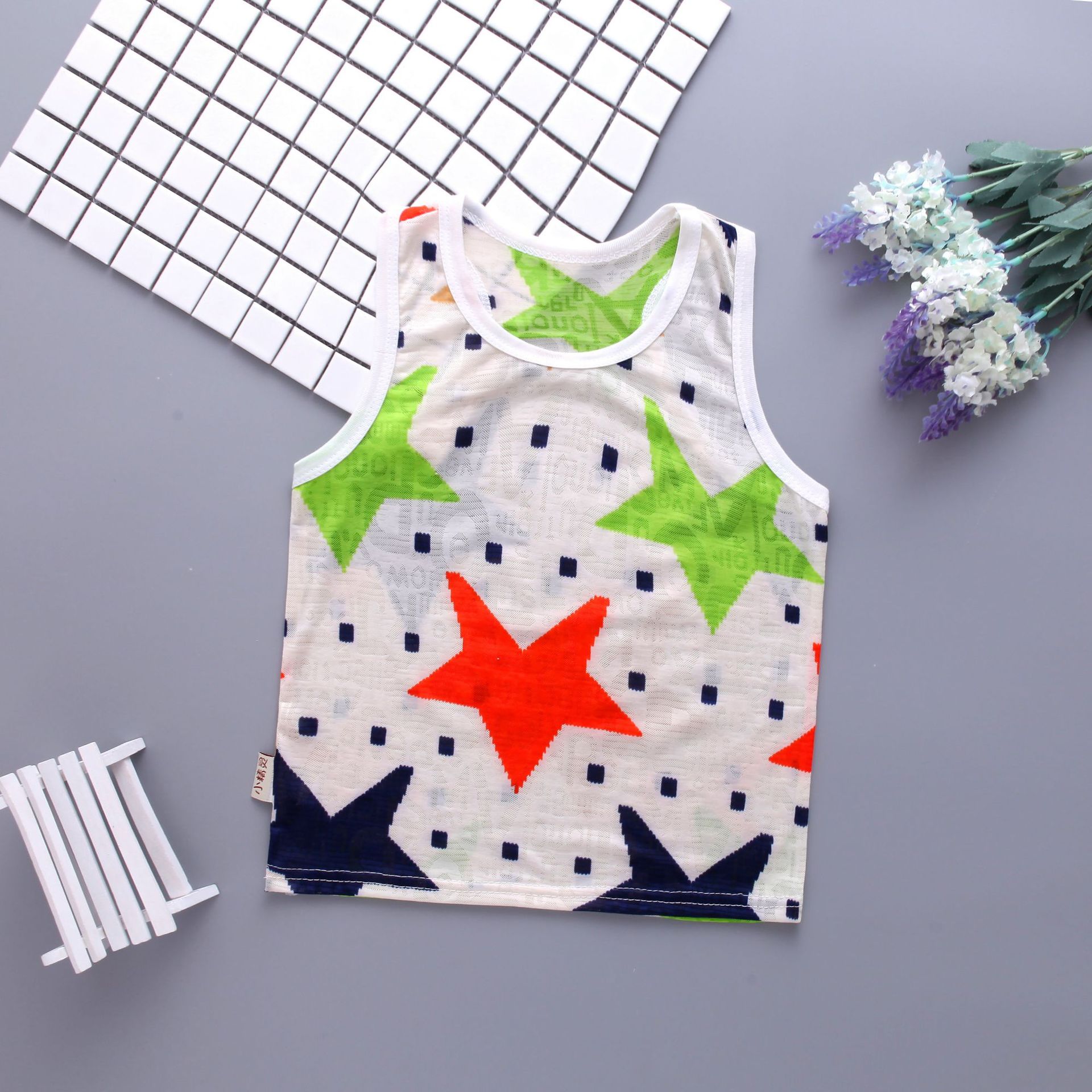 儿童针织提花背心 男女童工字吊带背心 弹力透气3-6岁不起球不