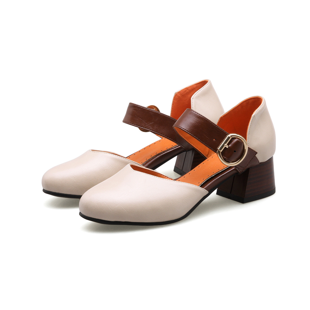 新款拼色斜绊带侧镂空圆头包跟凉鞋欧美风女鞋粗跟中跟外贸鞋g134