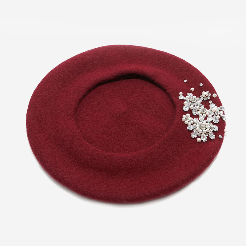 枣红色珍珠水钻手工贝雷帽女秋冬天帽子气质百搭优雅帽羊毛蓓蕾帽