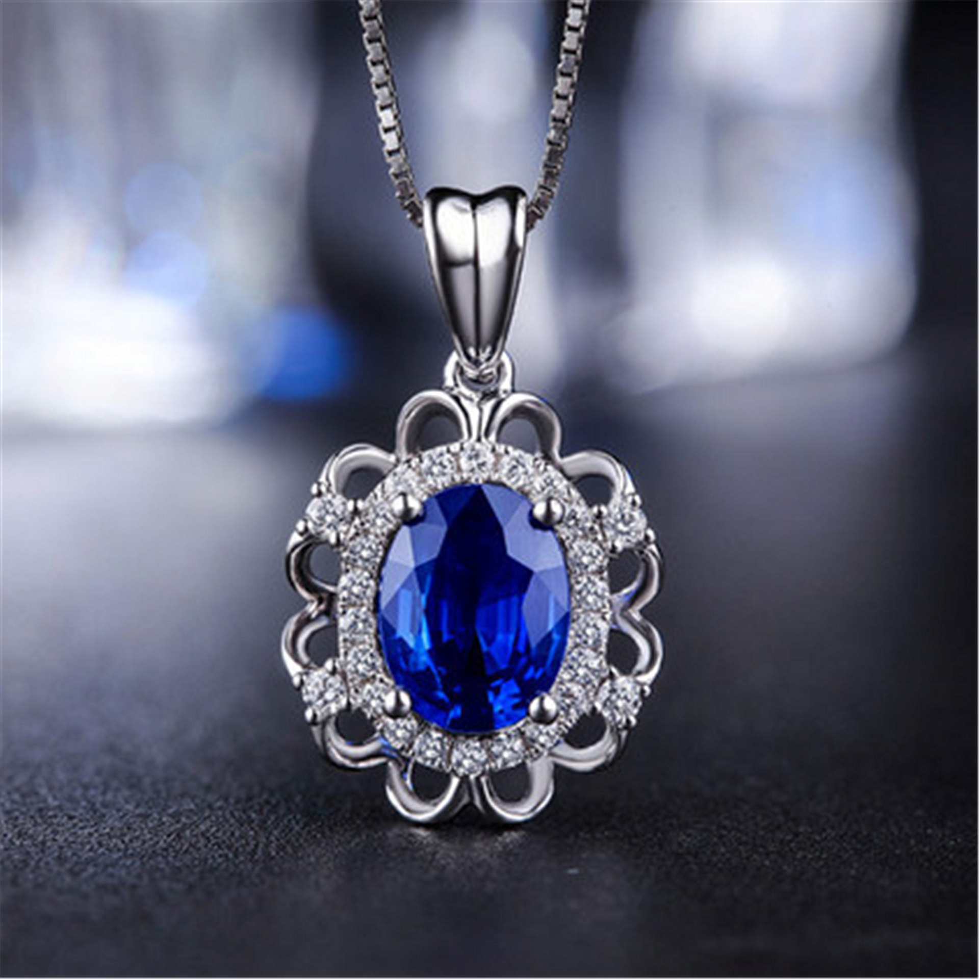 高档皇家蓝宝石吊坠女18k金镶钻彩色水晶吊坠锁骨链正品wish热卖