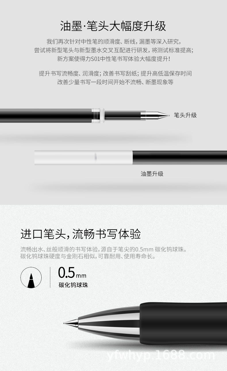 得力s01按动中性笔0.5mm签字笔商务办公黑色碳素笔 学生考试水笔