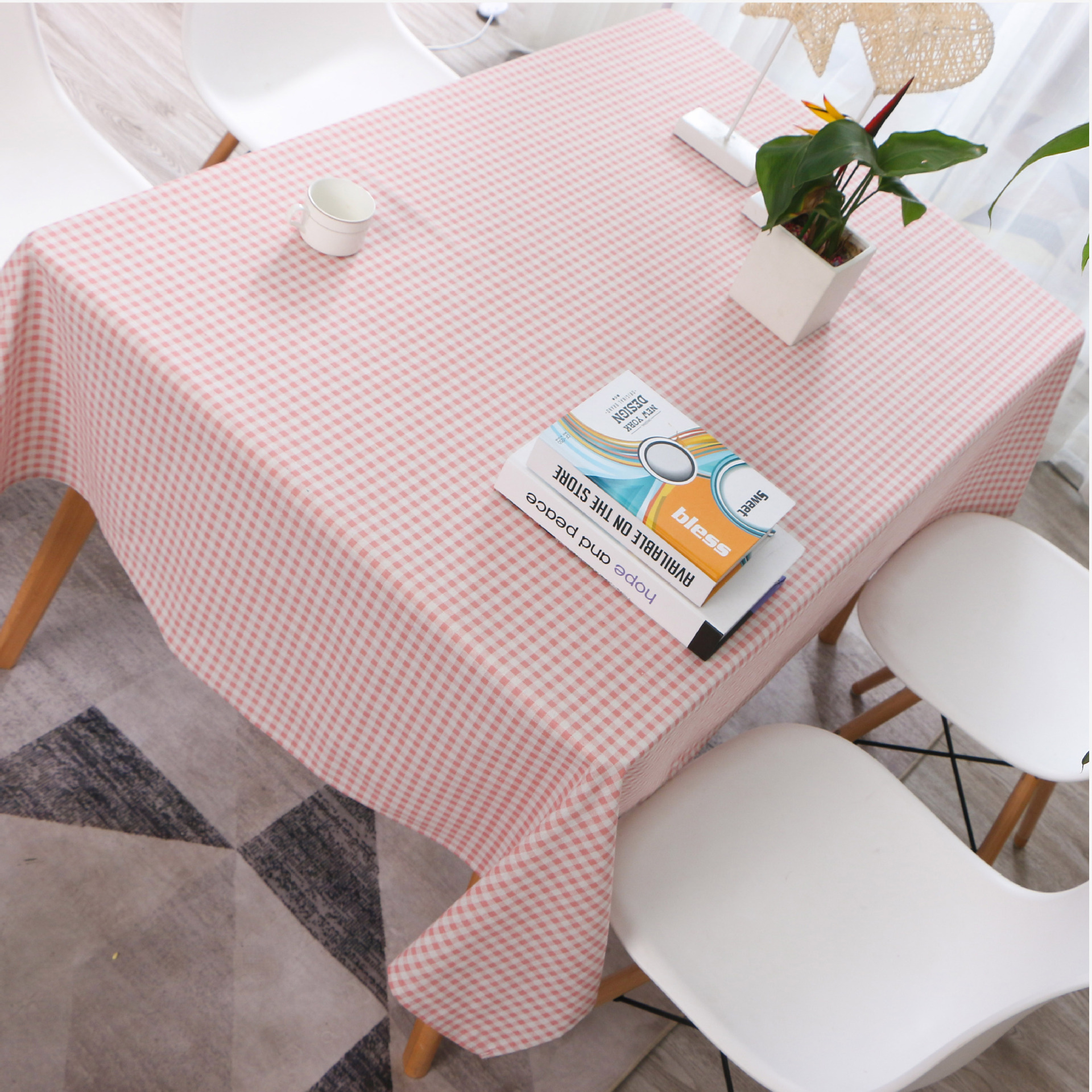 北欧棉麻桌布粉格格风格简约现代日式格子欧式茶几台布欧式餐桌布