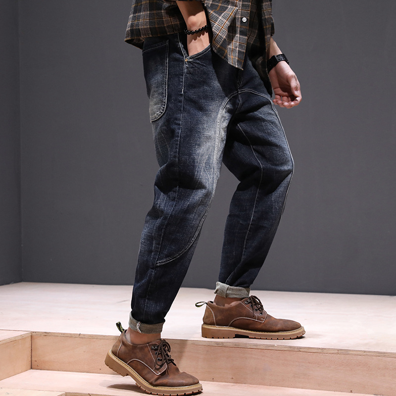 日系复古拼接牛仔裤男宽松大码潮牌青年男士哈伦裤春秋款弹力潮男