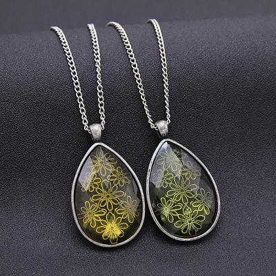 特价清仓 欧美外贸复古银色水滴形宝石吊坠百搭长项链毛衣链女