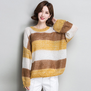 秋冬女式新款条纹夹色针织衫蝙蝠型金银丝大码亮色套头轻薄毛衣