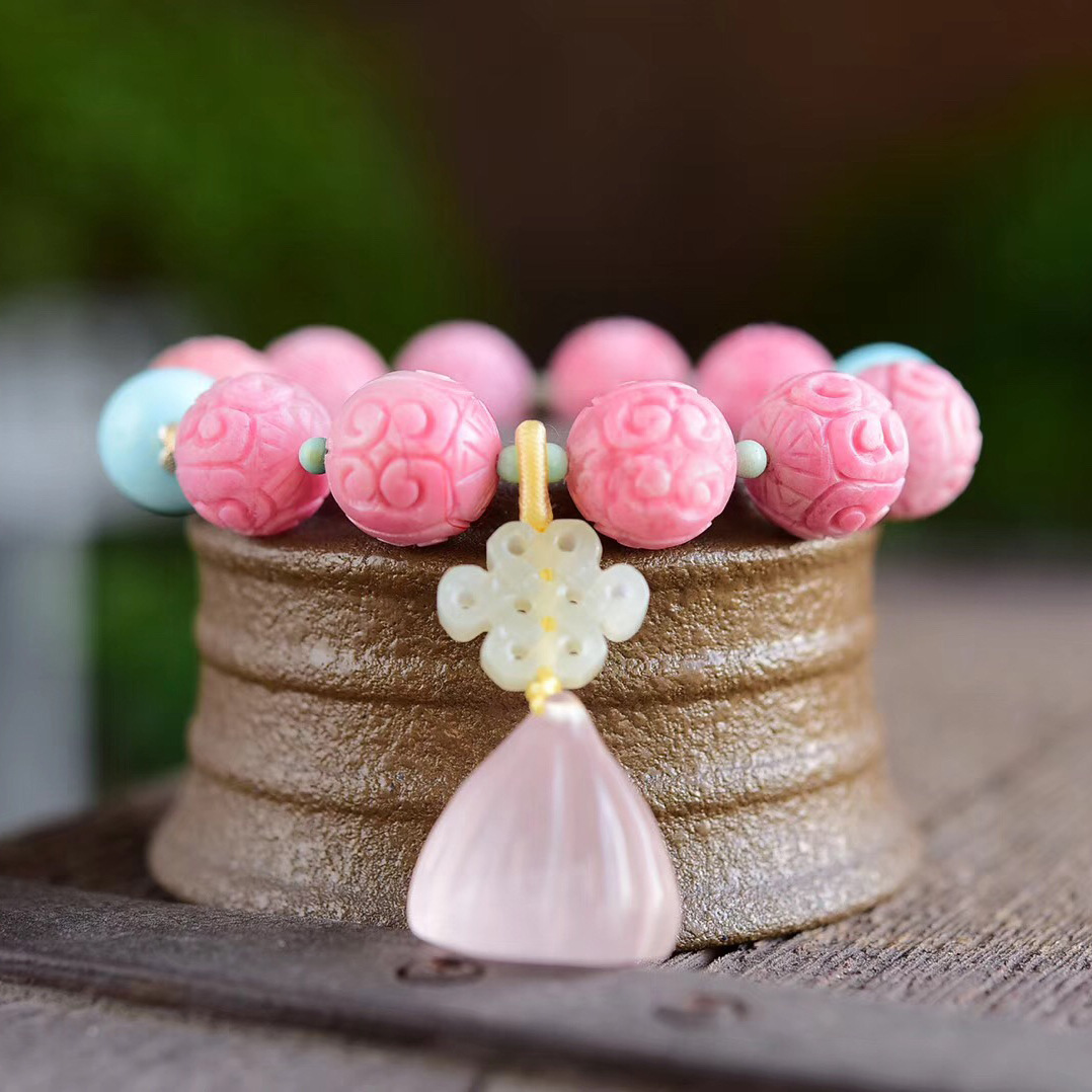 厂家直供天然蔷薇石回纹珠粉晶莲蓬单圈手链樱花粉手串饰品女