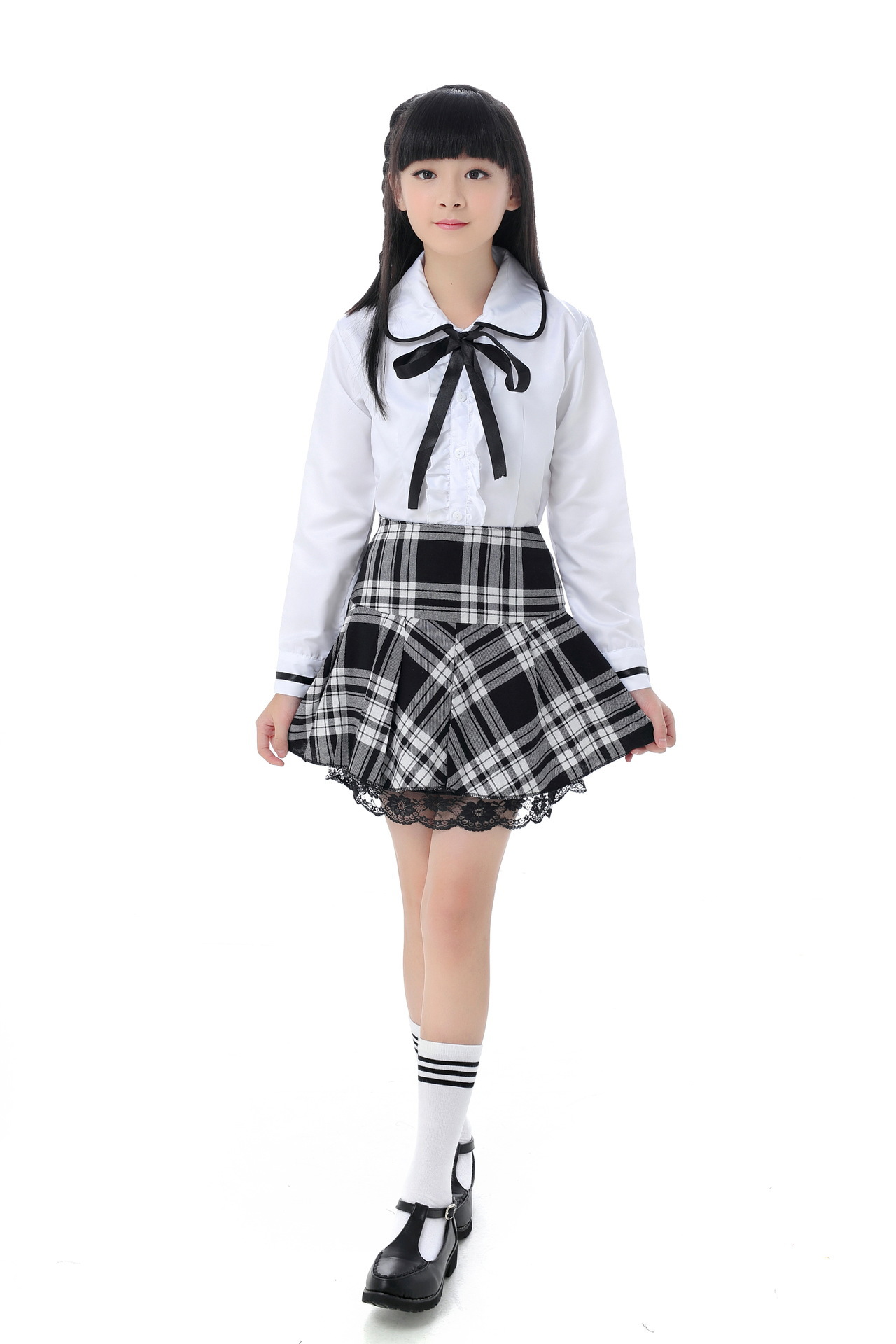 白色分体英伦格子裙校服专业演出合唱服 黑白大格