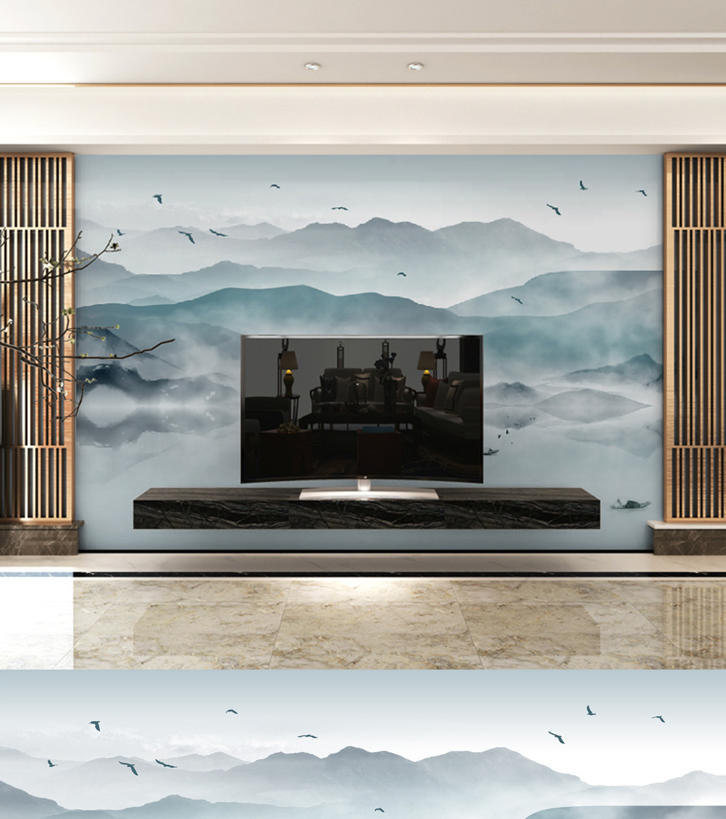 新中式山水3d4d5d无缝大型无纺布墙纸客厅电视机背景墙新中式墙布