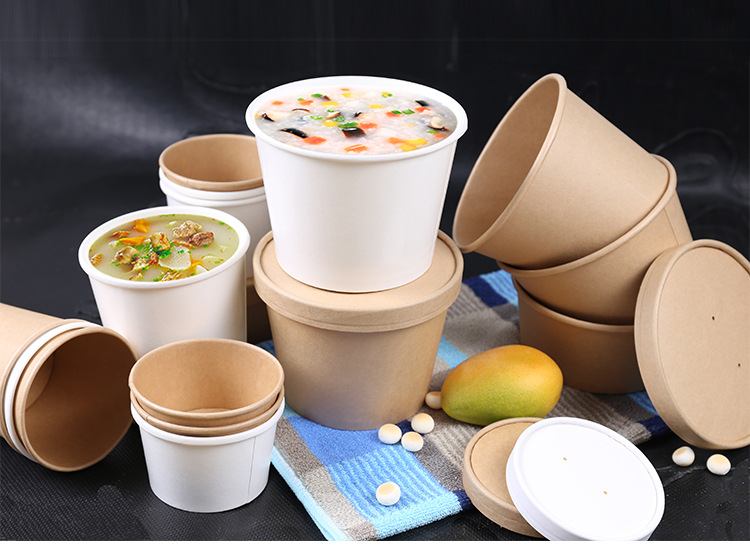 供应一次性牛皮汤桶纸碗外卖粥桶沙拉碗加厚带盖可印刷logo