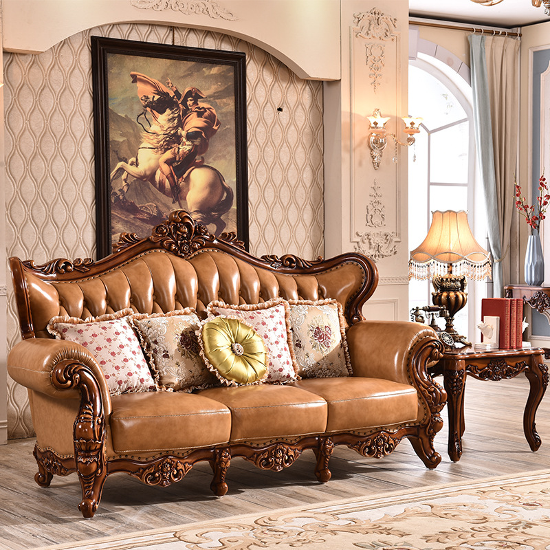 欧式真皮实木沙发豪华123套装组合实木雕花客厅大小户型别墅整装