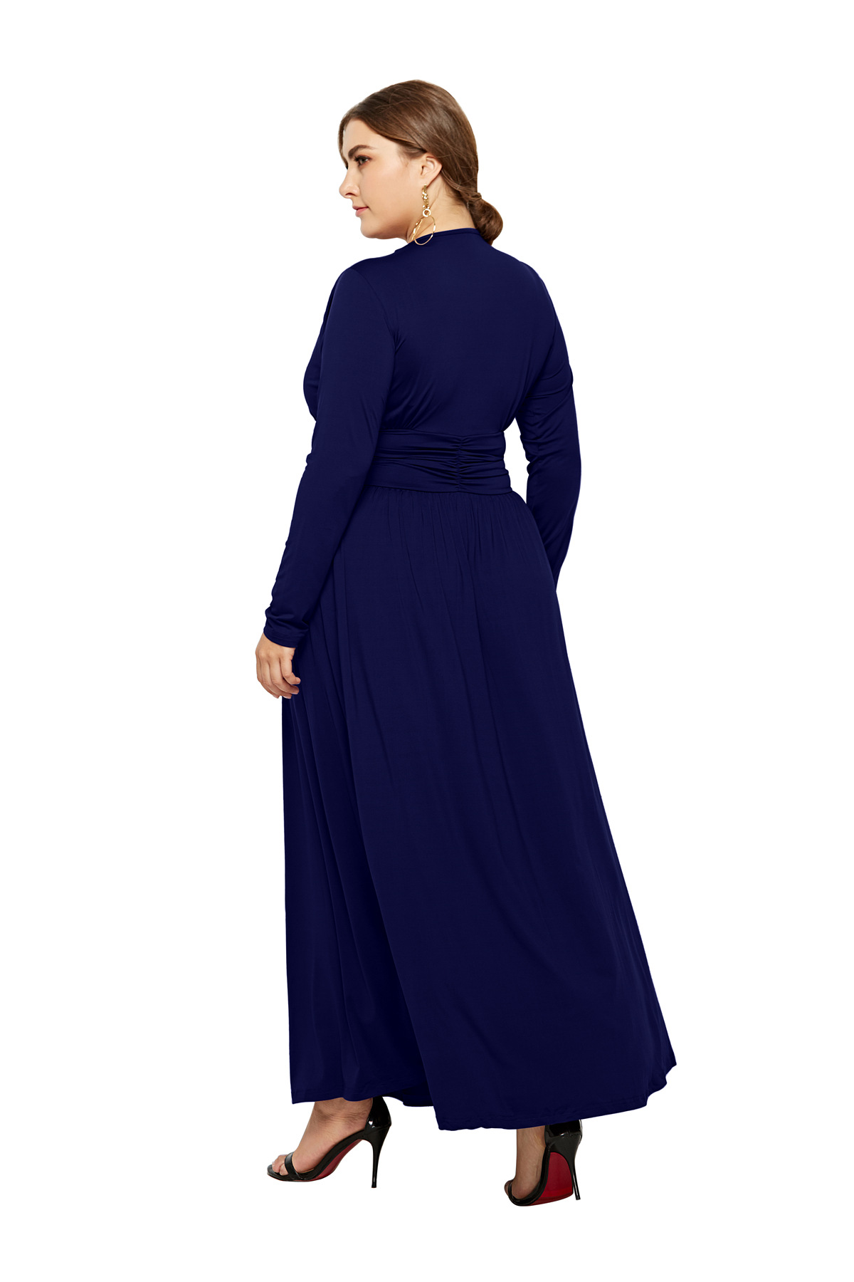 欧美外贸新品大码女装秋装 性感时尚气质长袖深v肥婆连衣裙长裙