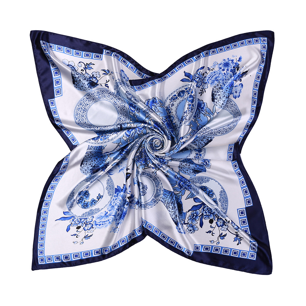 新款气质中国风青花瓷丝巾杭州丝绸围巾仿真丝印花大方巾90*90