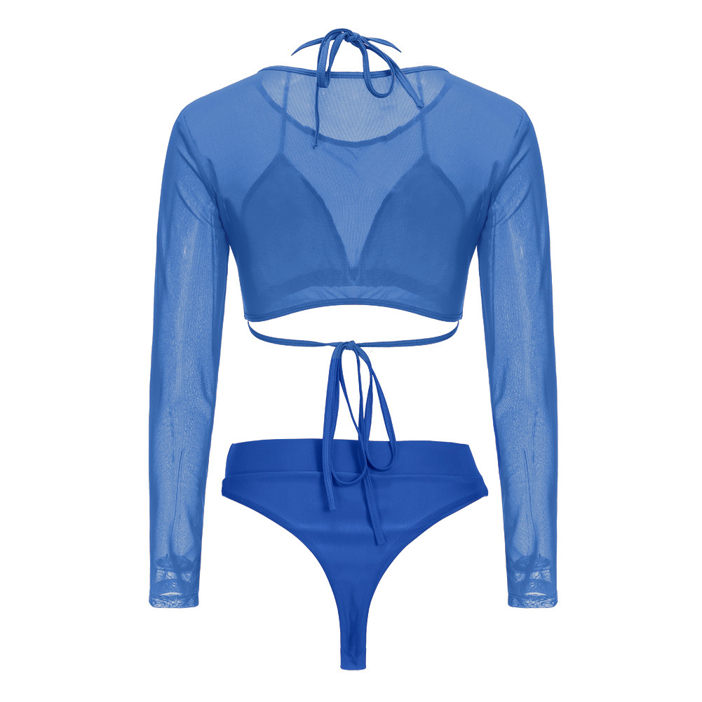 速卖通wish夏季热款 性感透视网纱 比基尼泳衣三件套